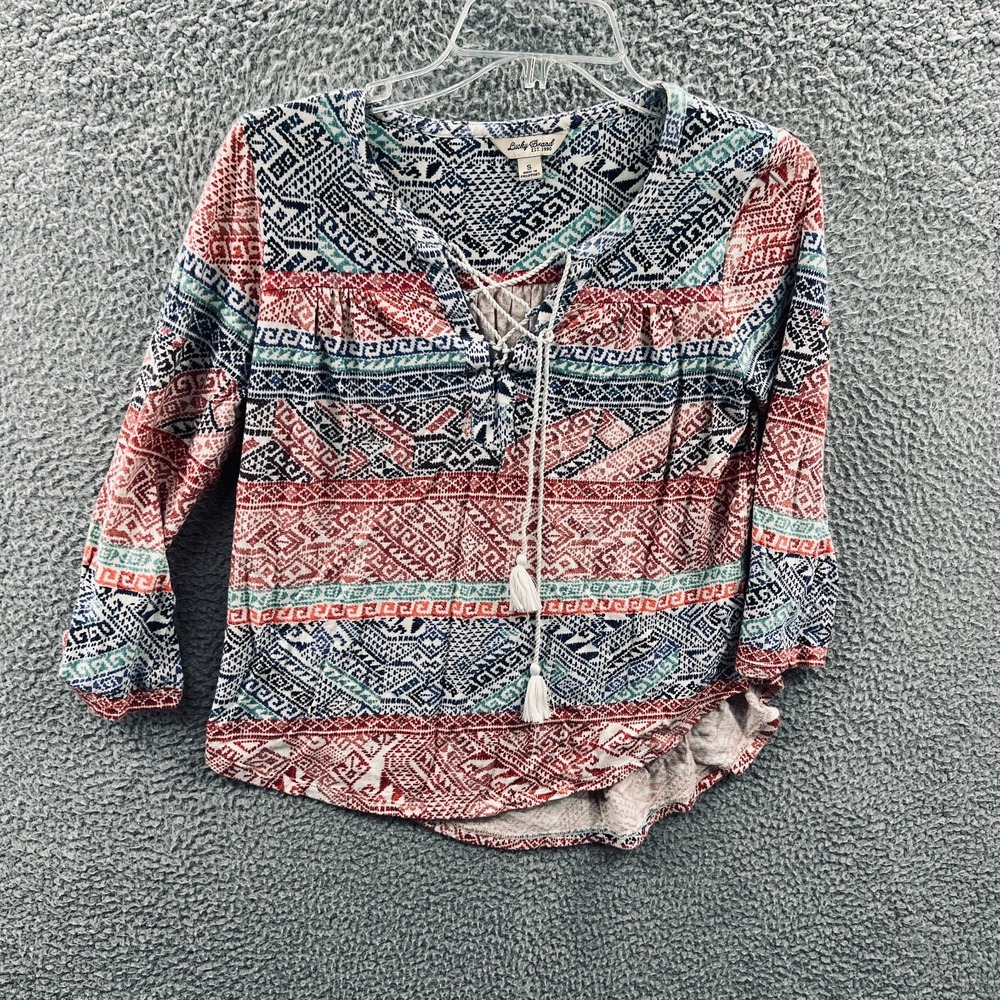 Lucky Brand Women Boho Peasant Blouse S Southwestern Geometric Festival Pullover